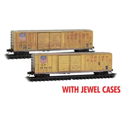 Union Pacific UP 50' Rib-Side Double-Door Boxcar Weathered 2-Pack #300331, 300432 In Jewel Cases **N Scale - Micro-Trains Line